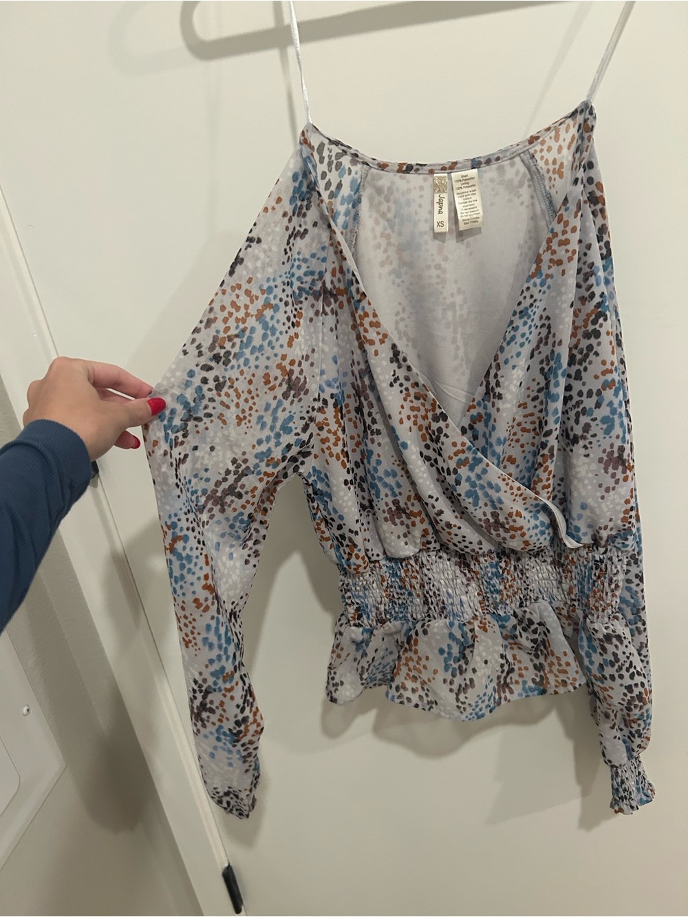 Japna Light Gray Printed Smocked-Waist Wrap Blouse with Blue and Brown Spots